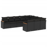 10 Piece Garden Sofa Set with Cushions Black Poly Rattan - Front View