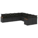 10 Piece Garden Sofa Set with Cushions Black Poly Rattan - Front View