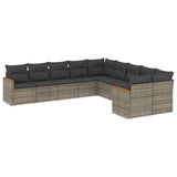 10 Piece Garden Sofa Set with Cushions Grey Poly Rattan - Front View