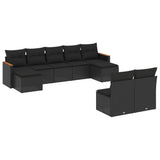 9 Piece Garden Sofa Set with Cushions Black Poly Rattan - Front View