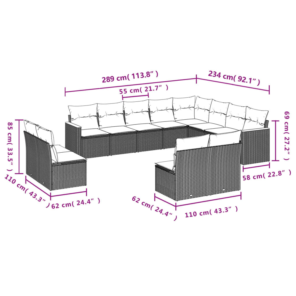 12 Piece Garden Sofa Set with Cushions Mix Beige Poly Rattan
