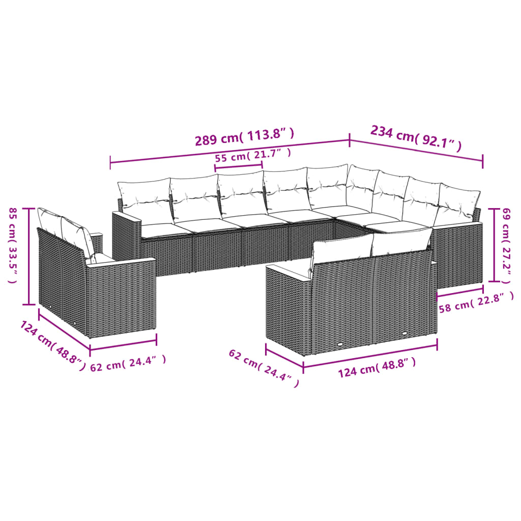 12 Piece Garden Sofa Set with Cushions Grey Poly Rattan