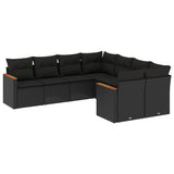 8 Piece Garden Sofa Set with Cushions Black Poly Rattan - Front View