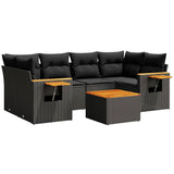 7 Piece Garden Sofa Set with Cushions Black Poly Rattan - Front View