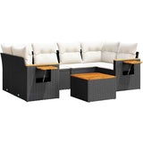 7 Piece Garden Sofa Set with Cushions Black Poly Rattan - Front View