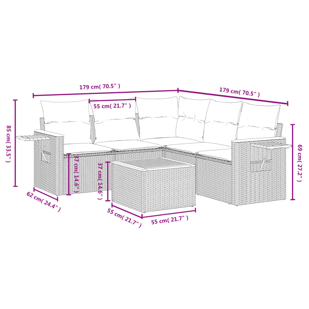6 Piece Garden Sofa Set with Cushions Grey Poly Rattan