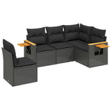 5 Piece Garden Sofa Set with Cushions Black Poly Rattan - Front View