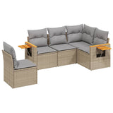 5 Piece Garden Sofa Set with Cushions Beige Poly Rattan - Front View