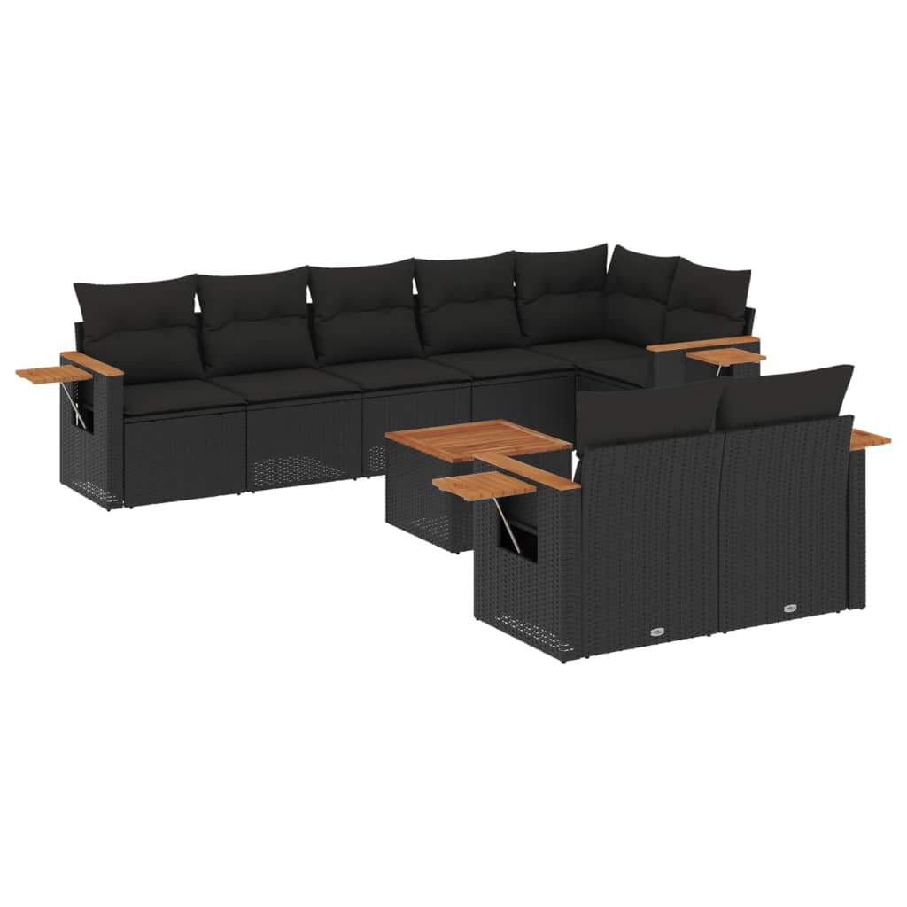 9 Piece Garden Sofa Set with Cushions Black Poly Rattan