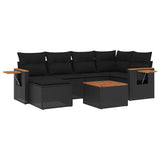 7 Piece Garden Sofa Set with Cushions Black Poly Rattan - Front View