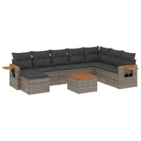 9 Piece Garden Sofa Set with Cushions Grey Poly Rattan - Front View