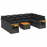10 Piece Garden Sofa Set with Cushions Black Poly Rattan - Front View