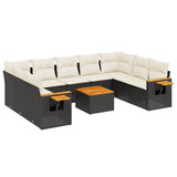 10 Piece Garden Sofa Set with Cushions Black Poly Rattan - Front View