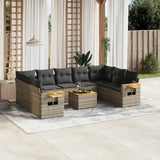 10 Piece Garden Sofa Set with Cushions Grey Poly Rattan - Front View