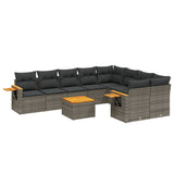 10 Piece Garden Sofa Set with Cushions Grey Poly Rattan - Front View