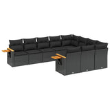 10 Piece Garden Sofa Set with Cushions Black Poly Rattan - Front View
