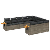 10 Piece Garden Sofa Set with Cushions Grey Poly Rattan - Front View
