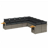 10 Piece Garden Sofa Set with Cushions Grey Poly Rattan - Front View