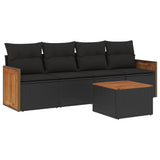 5 Piece Garden Sofa Set with Cushions Black Poly Rattan - Front View