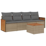 5 Piece Garden Sofa Set with Cushions Beige Poly Rattan - Front View