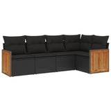 5 Piece Garden Sofa Set with Cushions Black Poly Rattan - Front View