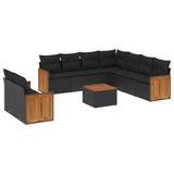 10 Piece Garden Sofa Set with Cushions Black Poly Rattan - Front View