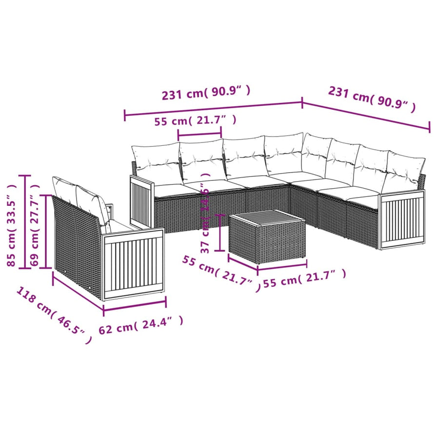 10 Piece Garden Sofa Set with Cushions Black Poly Rattan