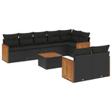 9 Piece Garden Sofa Set with Cushions Black Poly Rattan - Front View