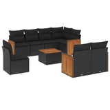 9 Piece Garden Sofa Set with Cushions Black Poly Rattan - Front View