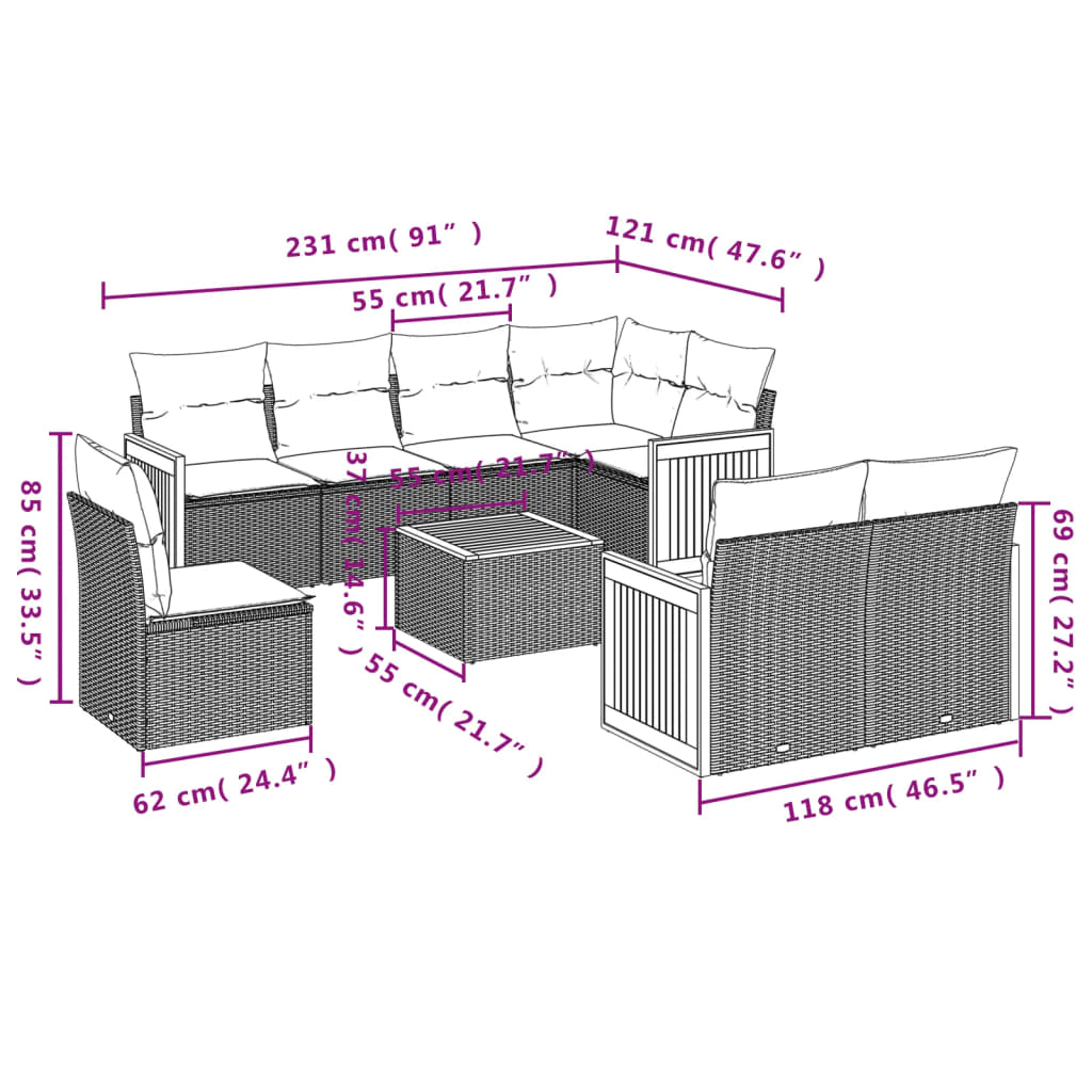 9 Piece Garden Sofa Set with Cushions Beige Poly Rattan