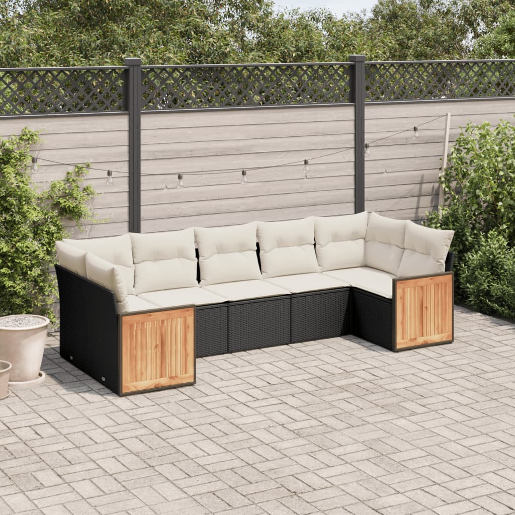 7 Piece Garden Sofa Set with Cushions Black Poly Rattan
