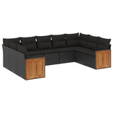 9 Piece Garden Sofa Set with Cushions Black Poly Rattan - Front View