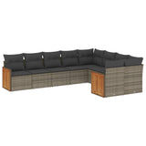 9 Piece Garden Sofa Set with Cushions Grey Poly Rattan - Front View