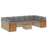 11 Piece Garden Sofa Set with Cushions Beige Poly Rattan - Front View