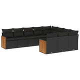 10 Piece Garden Sofa Set with Cushions Black Poly Rattan - Front View