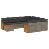 11 Piece Garden Sofa Set with Cushions Grey Poly Rattan - Front View