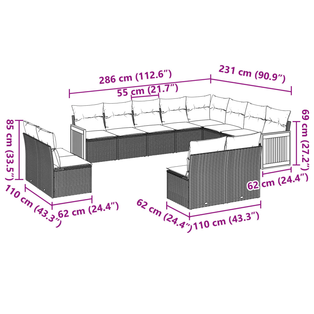 12 Piece Garden Sofa Set with Cushions Grey Poly Rattan
