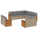 11 Piece Garden Sofa Set with Cushions Beige Poly Rattan - Front View
