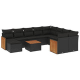 11 Piece Garden Sofa Set with Cushions Black Poly Rattan - Front View