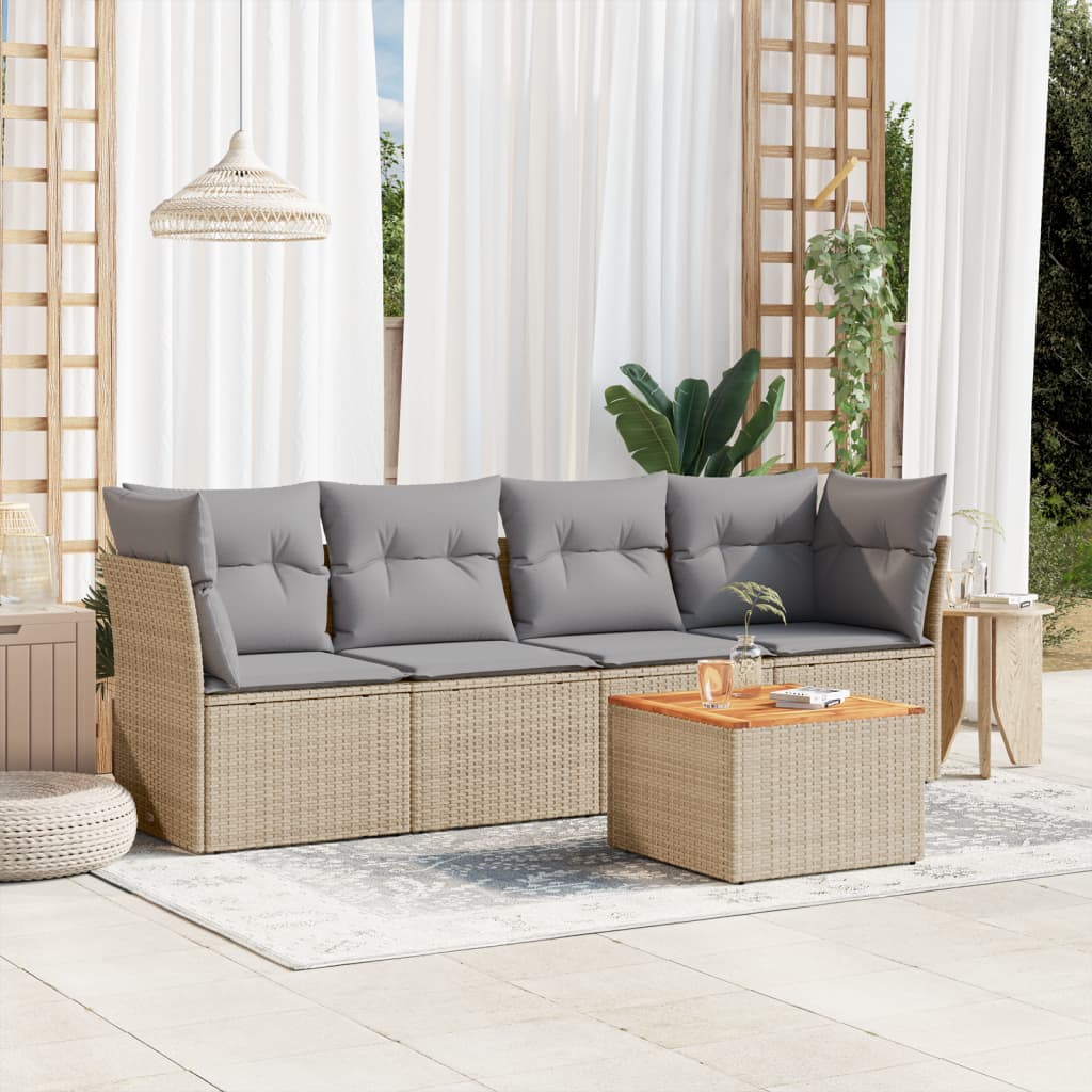 5 Piece Garden Sofa Set with Cushions Beige Poly Rattan