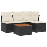 5 Piece Garden Sofa Set with Cushions Black Poly Rattan - Front View