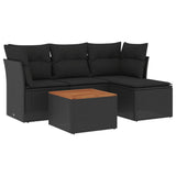 5 Piece Garden Sofa Set with Cushions Black Poly Rattan - Front View