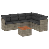7 Piece Garden Sofa Set with Cushions Grey Poly Rattan - Front View