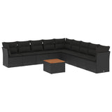 10 Piece Garden Sofa Set with Cushions Black Poly Rattan - Front View