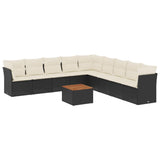 10 Piece Garden Sofa Set with Cushions Black Poly Rattan - Front View