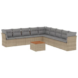 10 Piece Garden Sofa Set with Cushions Beige Poly Rattan - Front View