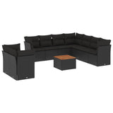 10 Piece Garden Sofa Set with Cushions Black Poly Rattan - Front View