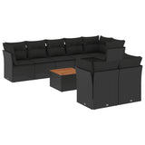 9 Piece Garden Sofa Set with Cushions Black Poly Rattan - Front View