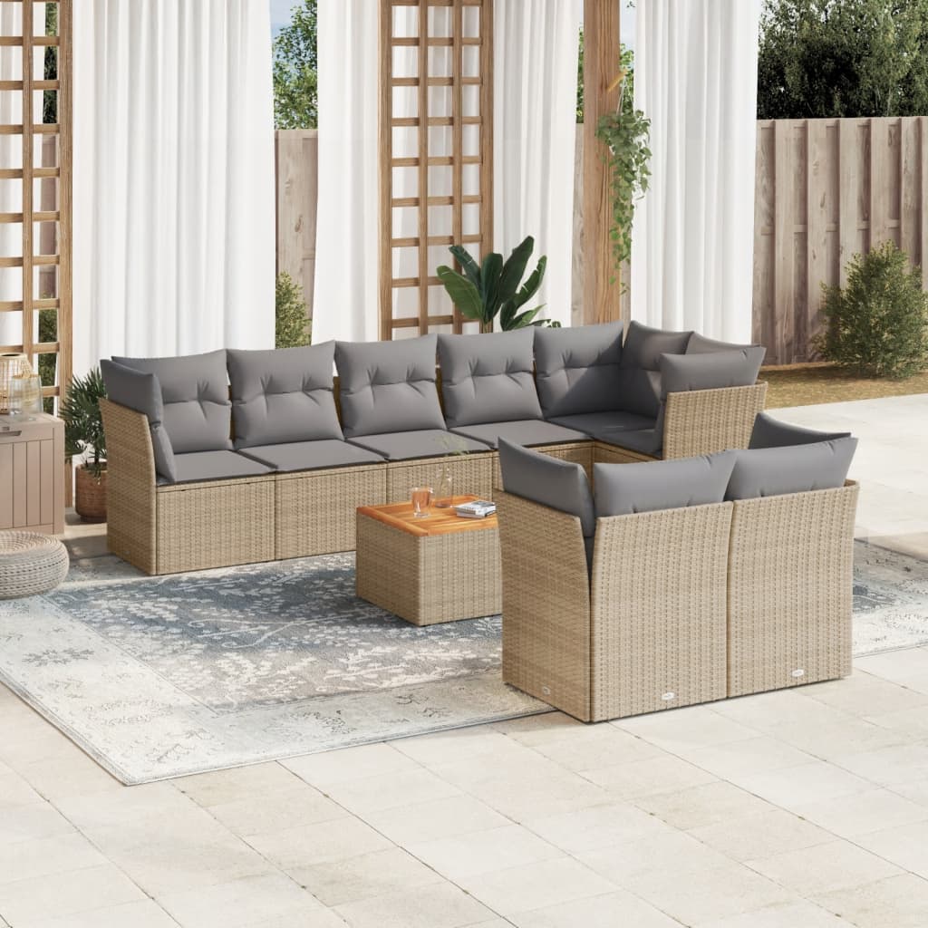 9 Piece Garden Sofa Set with Cushions Beige Poly Rattan
