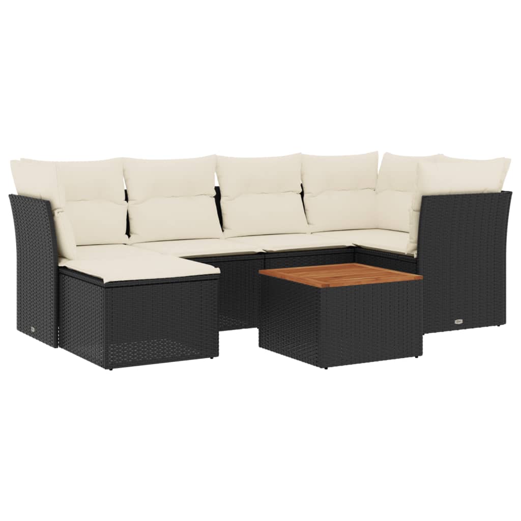 7 Piece Garden Sofa Set with Cushions Black Poly Rattan